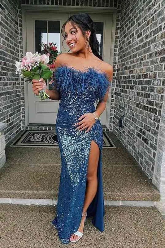 Sequins Blue Strapless Feather Long Formal Dress with Slit, Sparkly Slit Evening Gown GP421 Sequins Blue Strapless Feather Long Formal Dress with Slit, Sparkly Slit Evening Gown GP421