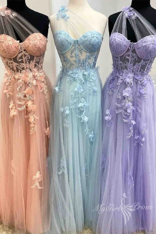 One Shoulder Lavender Prom Dresses With Appliques, Tulle Graduation Dresses With Split GP460