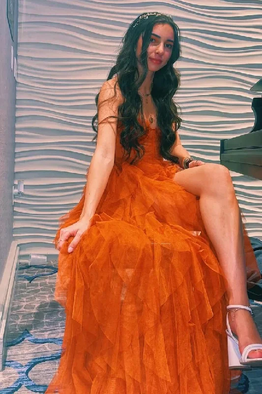 Orange Sweetheart Long Prom Dresses with Lace, Long Slit Tiered Tulle Evening Dress GP521