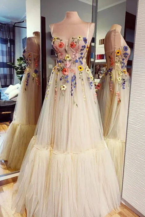 Spaghetti Straps Tulle Prom Dress with 3D Flowers, Long Evening Gown GP511