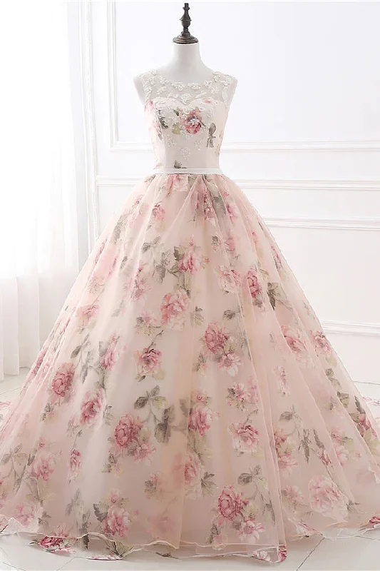 Princess Sleeveless Floral Lace Long Prom Dress, Tulle Quinceanera Dresses GP509