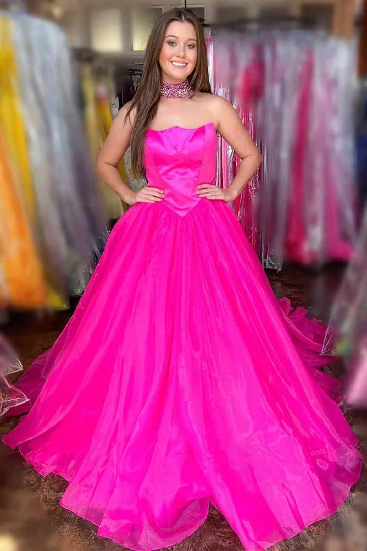 Simple Hot Pink Strapless Tulle Prom Dress with Pockets, Long Formal Gown GP422
