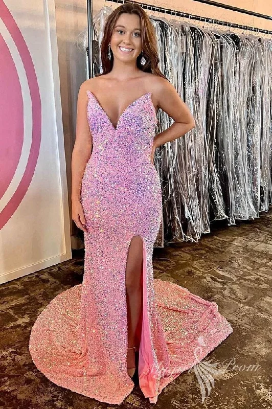 Pink Sequin Mermaid Long Prom Dress with Slit, Long V-neck Evening Dress GP434