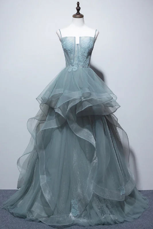 Charming Spaghetti Straps Tulle Dusty Green Long Prom Dress, Glitter Formal Party Dress GP508
