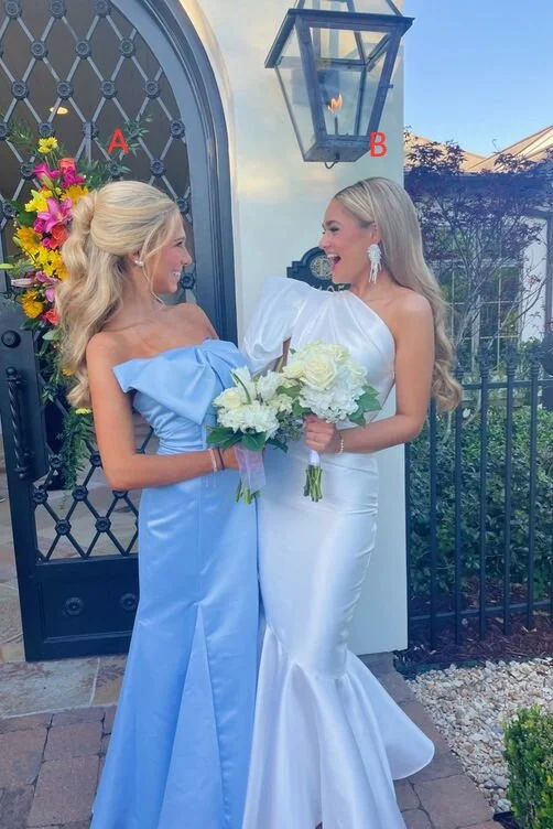 Sky Blue Bowknot Satin Prom Dress Long Sheath Bridesmaid Dresses GB204