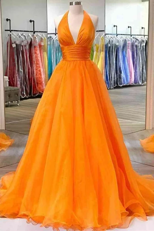 Elegant A-line Orange Halter Long Prom Dress, Simple Tulle Party Dress GP529