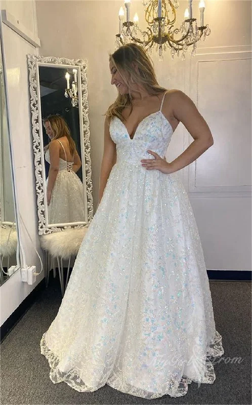 Sparkly Spaghetti Straps Sequins Prom Dress, Long Pageant Dress GP499