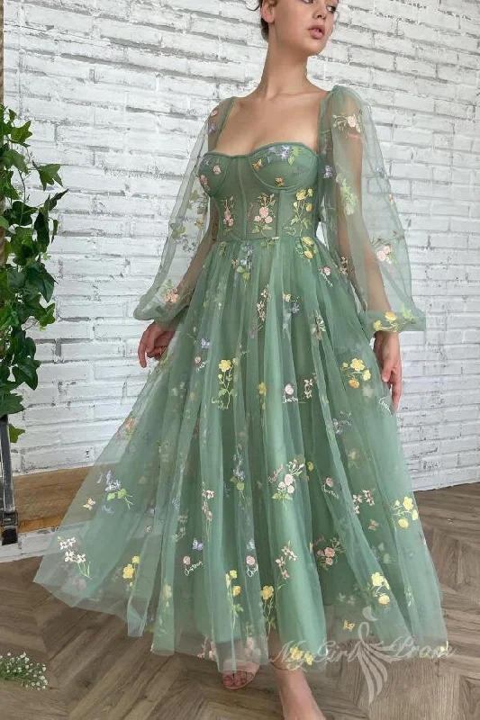 Charming Floral Prom Dress Ankle Length A-line Long Sleeves Party Gown GP468