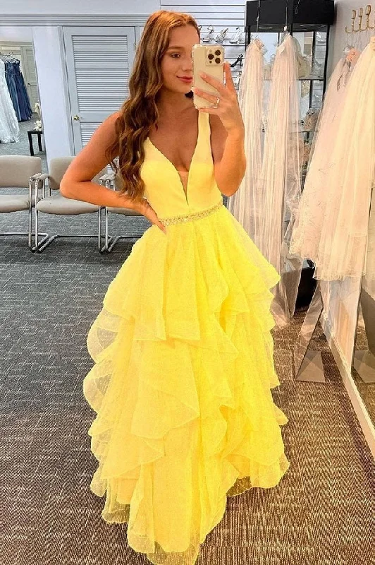 A-Line Tiered Ruffles Yellow Polka Dots Tulle Prom Dresses, Princess Formal Gown GP417 A-Line Tiered Ruffles Yellow Polka Dots Tulle Prom Dresses, Princess Formal Gown GP417