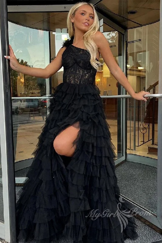 Charming One Shoulder Tulle Black Ruffles Lace Long Prom Dresses with Slit GP471