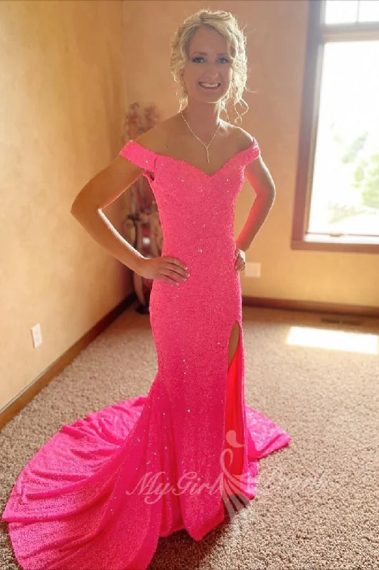 Barbie Pink Sequined Mermaid Prom Dress Long Slit Formal Gown GP585