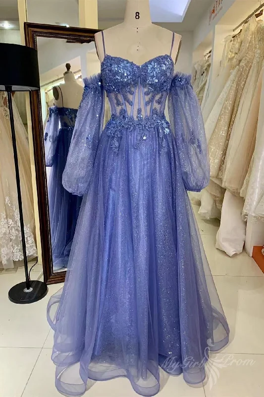 Sequins Blue Sleeves Applique Long Prom Dress Formal Gown GP462