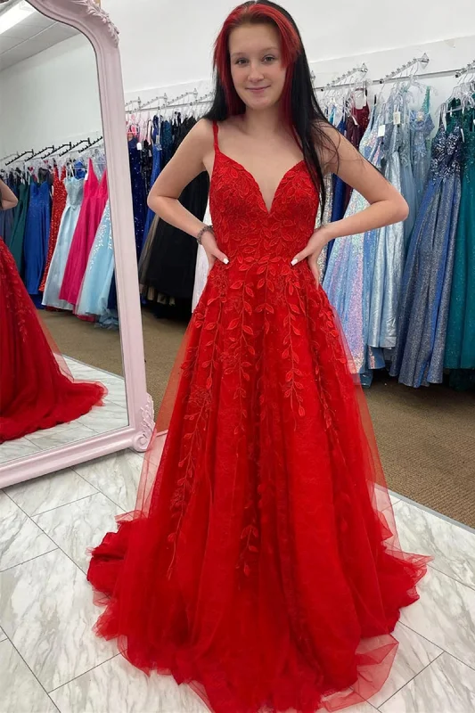 Red Tulle V Neck Backless Lace A Line Prom Dresses, Long Formal Dresses GP411