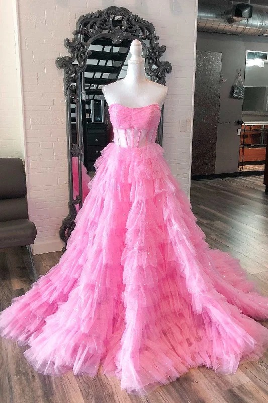 Strapless Pink Layered Tulle Long Formal Dress with Sequins GP535
