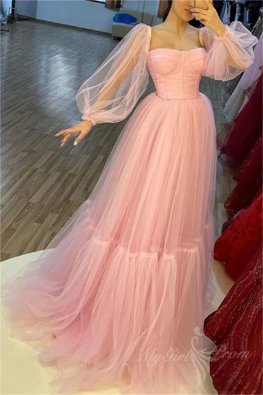 Sheer Puff Sleeves Tulle Pink Prom Dress Sleeveless Formal Party Gown GP488