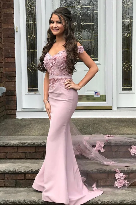 Off Shoulder Mermaid Floral Lace Prom Dress, Off Shoulder Pink Bridesmaid Dresses GP414 Off Shoulder Mermaid Floral Lace Prom Dress, Off Shoulder Pink Bridesmaid Dresses GP414