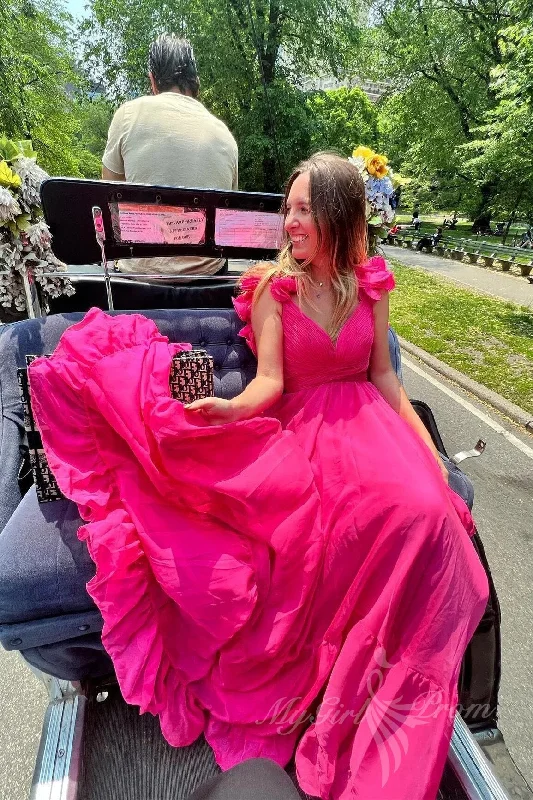 Hot Pink Ruffles Plunging V Neck A-line Chiffon Long Prom Dresses GP579