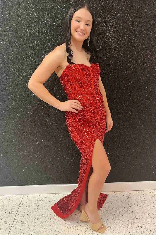 High Slit Red Sequined Mermaid Long Prom Dress, Shiny Strapless Formal Gown GP425