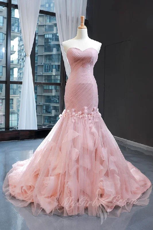 Pink Sweetheart Tulle Mermaid Long Prom Dress Pink Evening Dress GP517