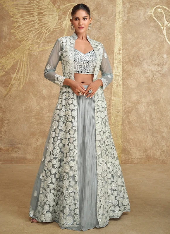 Soft Grey Embroidered Jacket Style Lehenga Choli