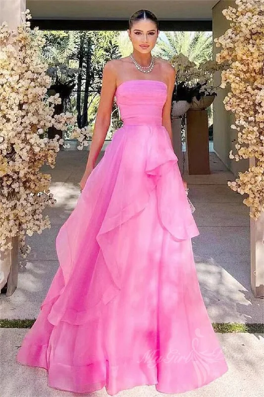 Elegant Pink A-line Strapless Long Prom Dresses, Long Pink Evening Dresses GP486