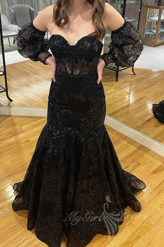 Black Lace Mermaid Prom Dresses With Puff Sleeves, Sweetheart Formal Dresses GP515