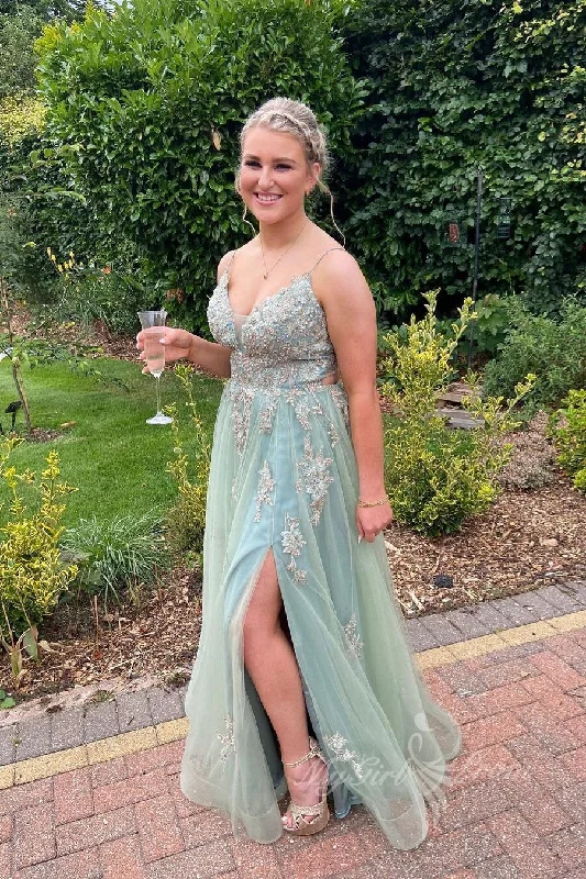 A-line Sleeveless Appliques Green Long Prom Dress, Slit Graduation Gown GP476