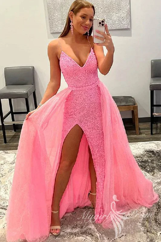 Shiny Pink Sequins V Neck Mermaid Long Prom Dresses, High Slit Formal Evening Dresses GP426