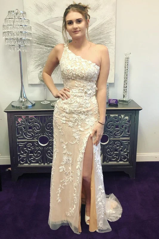 One Shoulder Tulle Lace Long Prom Dress with High Slit, Lace Formal Graduation Dress GP413 One Shoulder Tulle Lace Long Prom Dress with High Slit, Lace Formal Graduation Dress GP413