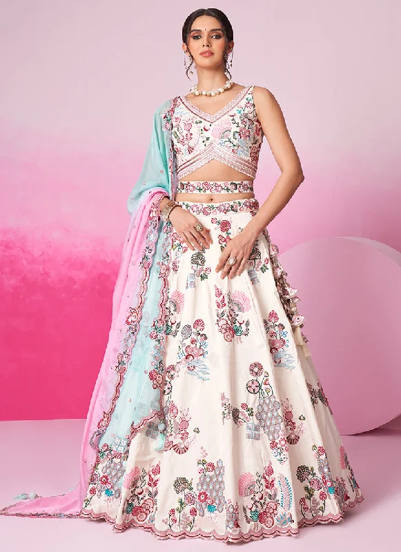Off White And Blue Embroidery Festive Lehenga Choli