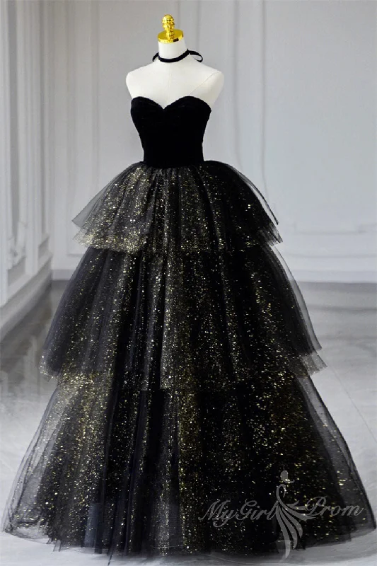 Black Sweetheart Tulle Long Prom Dress With Layered, Black Formal Evening Dress GP503