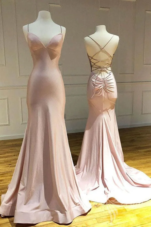 Simple Spaghetti Straps Pink Mermaid Long Prom Dress, Backless Evening Gown GP513