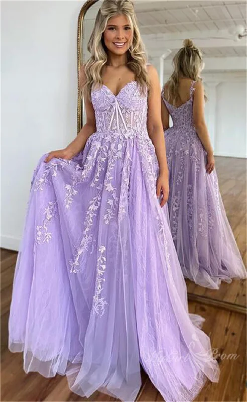Lilac Lace Tulle Long Prom Dresses Sweetheart Sleeveless Graduation Gown GP496