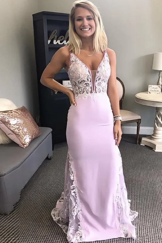 Mermaid Satin Lace V-neck Appliques Prom Dress, Backless Evening Gown GP563