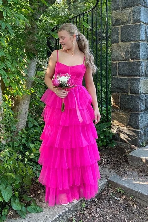 Straps Hot Pink Sleeveless Prom Dress Tiered Ruffle Long Formal Dress GP552