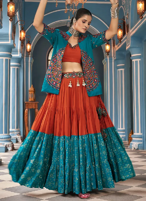 Teal And Red Kutchi Embroidered Chaniya Choli