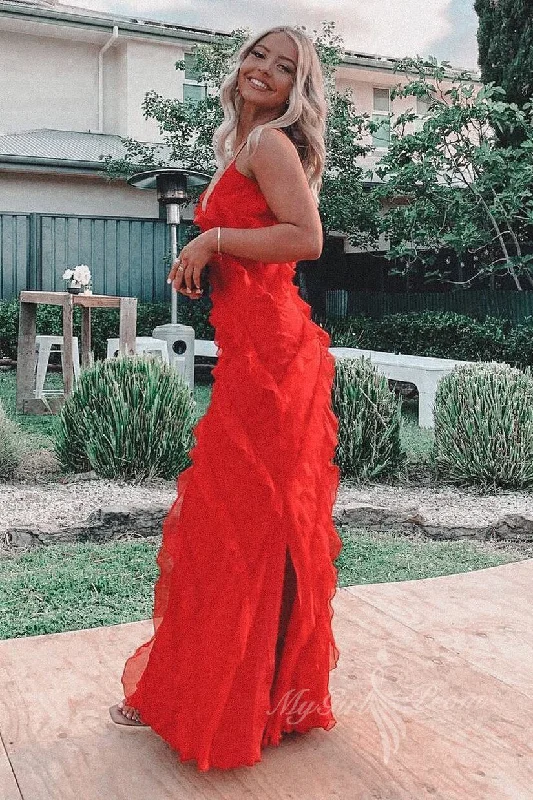 Mermaid Red Chiffon Ruffles Long Prom Dress, Evening Dresses with Cascading Frills GP481