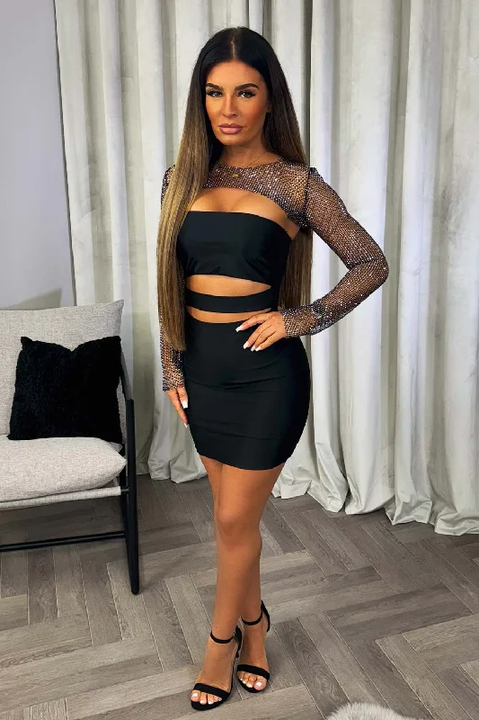 Black Satin Short Sparkly Dress With Rhinestone Sleeves Cocktail mini dresses