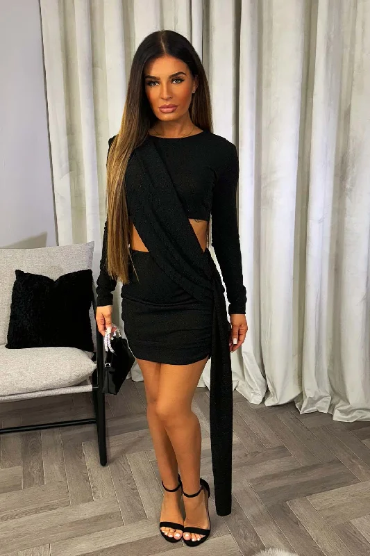 Sparkly Drape Dress With Cut Out Detail Black Long sleeve mini dresses