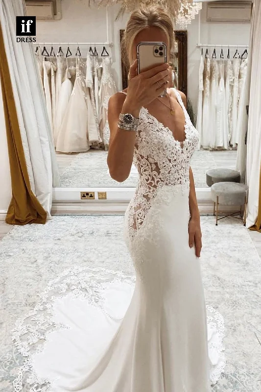 31546 - Charming Double Straps V-Neck Lace Appliques Trumpet Wedding Gown Luxury Lace Gown