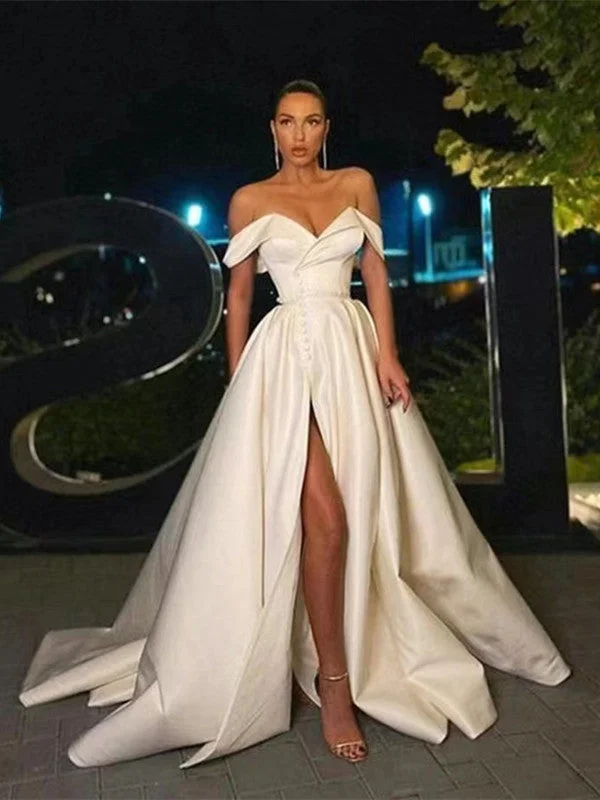Off Shoulder A-line Simple Wedding Dresses, Ppular 2022 Long Prom Dresses, Evening Party  Dresses Soft Lace Gown