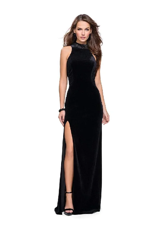 La Femme - Beaded High Neck Velvet Long Gown with Slit 25559 - 2 pcs Black In Sizes 6 and 8 Available Vacation maxi dresses
