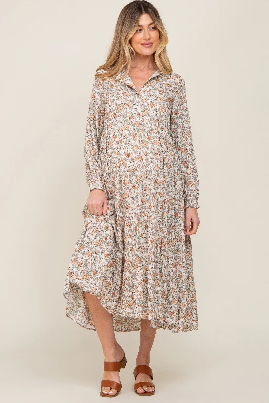 Beige Floral Button Front Long Sleeve Tiered Maternity Midi Dress Fashion-forward midi dresses