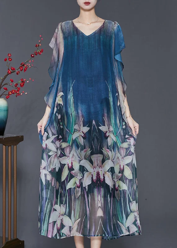 Elegant Navy Floral Print Silk Holiday Dress Butterfly Sleeve SD1104 Romantic floral dresses
