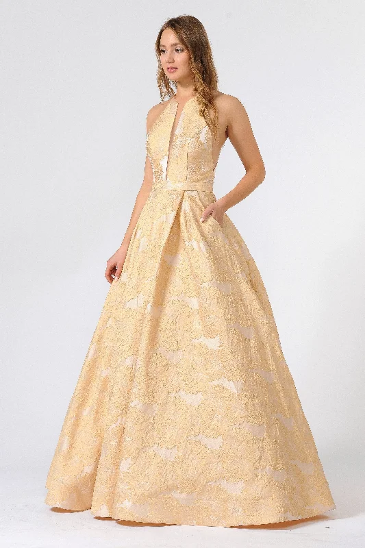 Floral Embroidered Long High-Neck Dress by Poly USA 8402 Affordable floral dresses