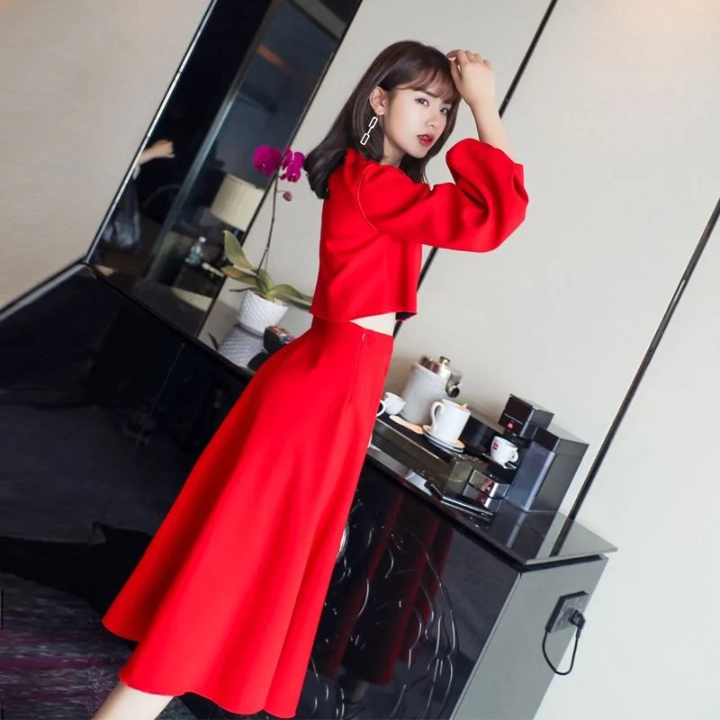 Benmingnian Red Suit Women Spring and Autumn 2023 Korean Style Goddess Dress Solid Casual Two Piece Dress Set Female Color block unclassified dresses