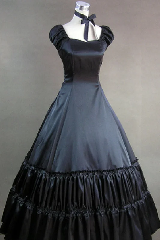 Black Cotton Square Collar Cap Sleeves Floor Length Victorian Gothic Lolita Dress Ruffled unclassified dresses