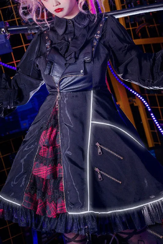 Black Stitching Zipper Cardigan Ruffled Multi-Layer Gothic Lolita Jsk Dress (Will shine at night) Wrap unclassified dresses