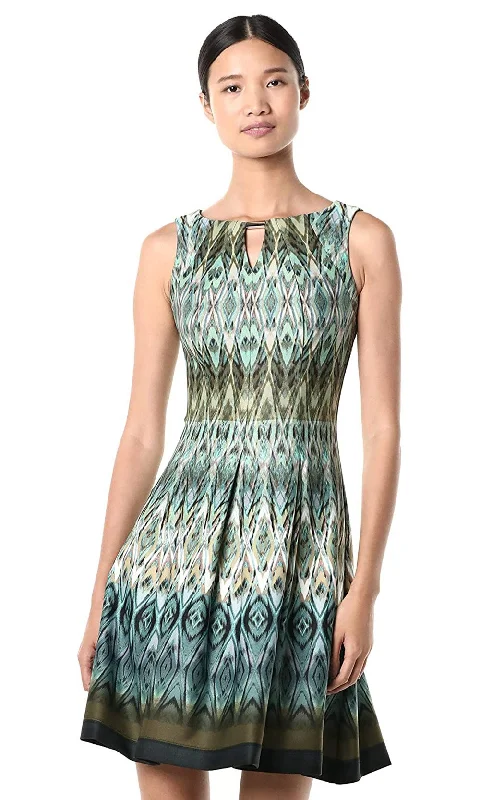 Gabby Skye - Keyhole Jewel Neck Multi-Print A-Line Dress 18986MSC Metallic unclassified dresses