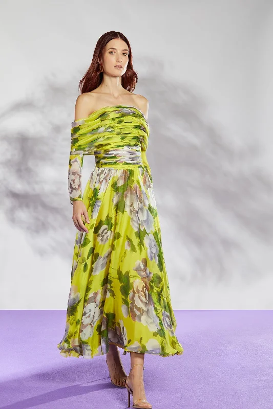 Off shoulder printed chiffon dress Metallic unclassified dresses
